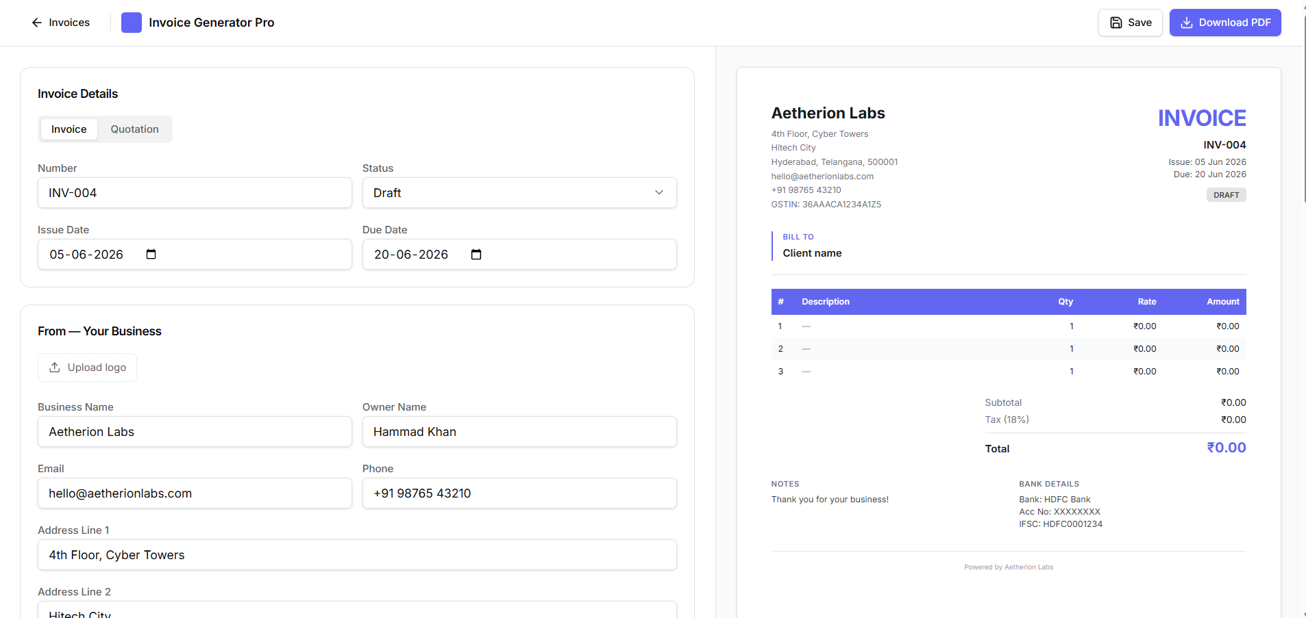 Invoice Generator Pro Secondary View